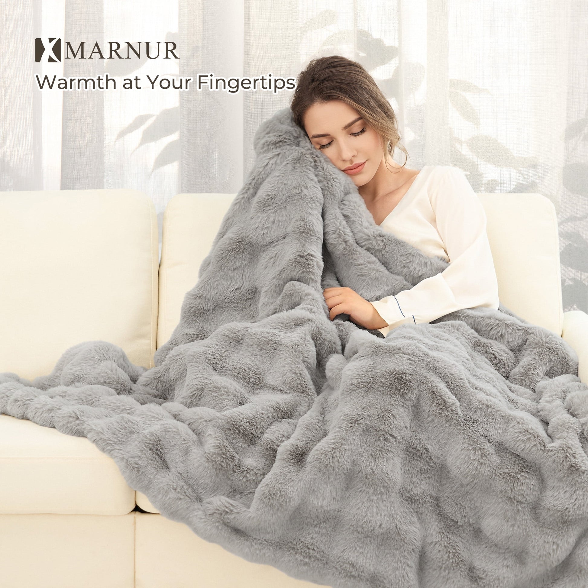 Electric Throw Blanket 50"X60", Faux Fur Heated Throw, 6 Heating Levels, 4 Hours Timer, Gray
