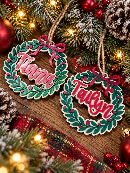 Personalized Christmas Wreath Ornament | Custom 3D Printed Name Ornament