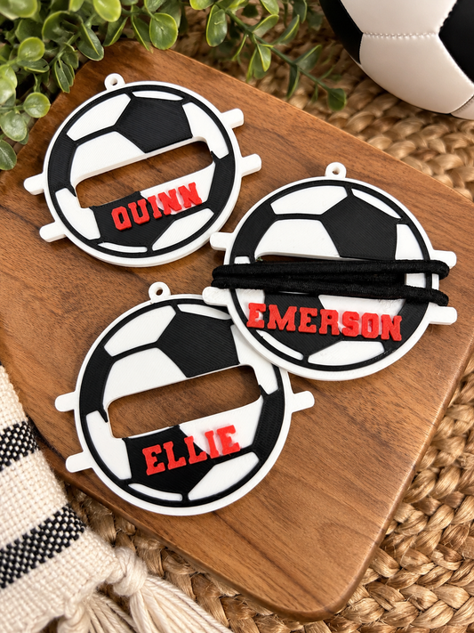 Personalized Soccer Hair Tie Holder, Soccer Bag Tag, Custom Soccer Gift, Player Name & Number, Soccer Team Gift