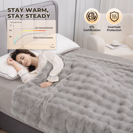 Electric Throw Blanket 50"X60", Faux Fur Heated Throw, 6 Heating Levels, 4 Hours Timer, Gray