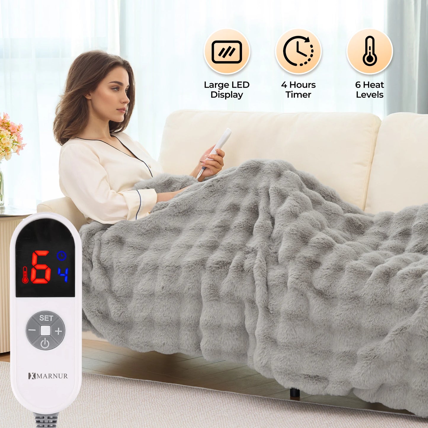 Electric Throw Blanket 50"X60", Faux Fur Heated Throw, 6 Heating Levels, 4 Hours Timer, Gray